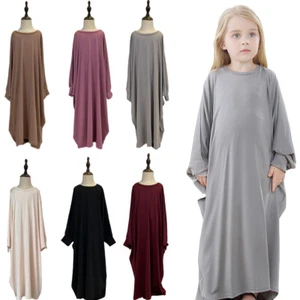 Children Loose Abaya Muslim Kids Girls Kaftan Islamic Dubai Dress Arab Ramadan - Picture 1 of 41