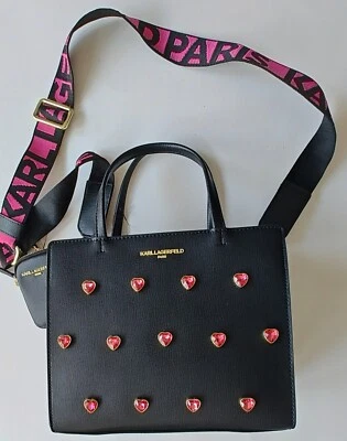 Karl Lagerfeld Black Crossbody Tote Pink Studded Heart Maybelle Bag Handbag Gold - Image 1 of 4