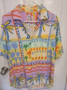 James World Hawaiian Shirt Mens M Floral Multicolor Rainbow Rayon Lightweight - Picture 1 of 3