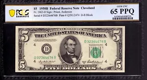 1950 B $5 FEDERAL RESERVE NOTE CLEVELAND FR.1963-D DB BLOCK PCGS B GEM 65 PPQ - Picture 1 of 2