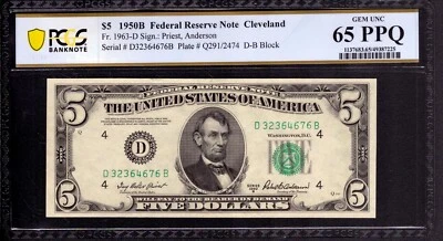 1950 B $5 FEDERAL RESERVE NOTE CLEVELAND FR.1963-D DB BLOCK PCGS B GEM 65 PPQ - Image 1 of 2
