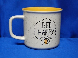 HUGE 18 Ounce MUGS HAND PAINTED BEE HAPPY MUGS White Speckle Big Mug HAPPY BEES - Picture 1 of 4