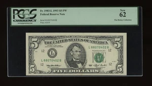 DBR 1993 $5 FRN San Francisco Fr. 1983-L PCGS 62 Serial L88070402B - Picture 1 of 2