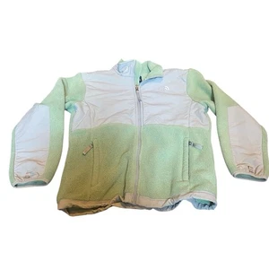 North Face Pastel Green Fleece Jacket Polartec Denali Gray Shell Logo Girls Lg - Picture 1 of 11