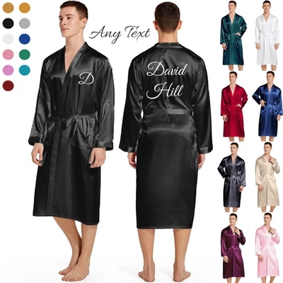 JAZJOZ UK Personalized Mens Satin Silk Pajamas Kimono Robe Dressing Gown Pjs Loungewear