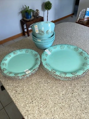 Juego de 12 piezas de melamina Nicole Miller servicio para 4 conchas de playa nuevo Foto 1 de 4