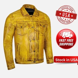 Men’s Distressed Yellow Leather Trucker Motorcycle/ Biker Shirt Leather Jacket - Picture 1 of 13