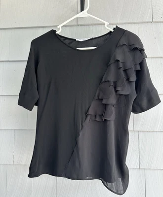 Viktor & Rolf Black Ruffle Silk Top Made in Italy Sz S 4-6  Shortsleeve Blouse - Image 1 of 4