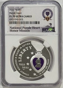 2022 W $1 Silver Proof Purple Heart Hall of Honor Colorized NGC PF70 UCAM - Picture 1 of 2