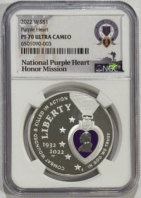 2022 W $1 Silver Proof Purple Heart Hall of Honor Colorized NGC PF70 UCAM - Image 1 of 2