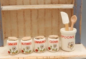 Vintage Set Of Ceramic Kitchen Canisters & Spoon Holder Dollhouse Miniature 1:12 - Picture 1 of 8