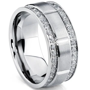 Men's Titanium Wedding Band Ring with Double Row Cubic Zirconia - Picture 1 of 7