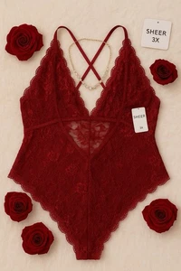 Body nounours sexy dentelle transparente bordeaux lingerie grande taille 3XL bretelles réglables - Photo 1/5