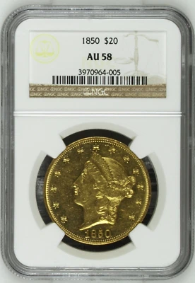 Guía de precios 1850 NGC AU58 $14,000 PCGS - ¡Primer año coleccionable! Águila doble $20 Foto 1 de 3
