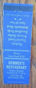 GOTHAM, WISCONSIN: DEMMER'S RESTAURANT 1940S MATCHBOOK MATCHCOVER -E - Foto 1 di 2