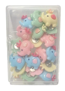 20pc Elephant W/ Crowns Pastels Push Pins Thumb Tacs Colourful In Storage Case - Picture 1 of 12