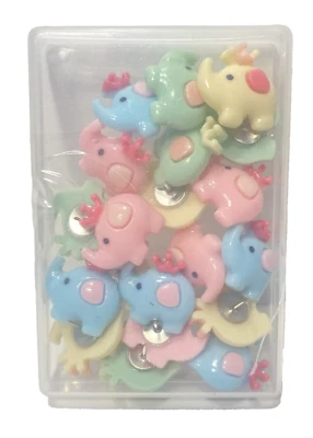 20pc Elephant W/ Crowns Pastels  Push Pins Thumb Tacs Colourful In Storage Case - Image 1 of 4