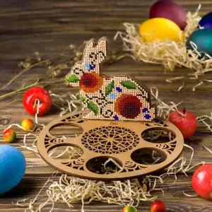 DIY Bead Embroidery Kit on Wood "Rabbit with red flowers" - Picture 1 of 4
