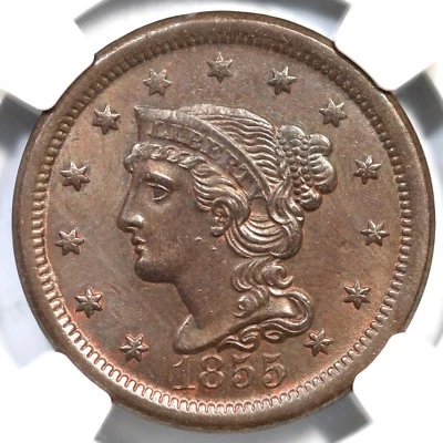 1855 N-4 NGC MS 65 BN Upright 55 Braided Hair Large Cent Coin 1c - Image 1 of 4