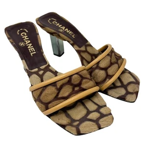 CHANEL Vintage CC Logo Animal Print Sandals #36 Open Toe Heels Brown Leather - Picture 1 of 12