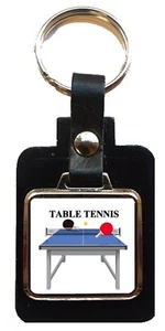 Table Tennis Sport Black Leather Square Key Fob In A Velvet Gift Bag - Picture 1 of 3