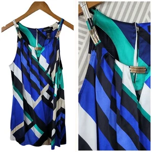 White House Black Market Silk Size 8 Shirt Top event party career Geometric Blue - Picture 1 of 7