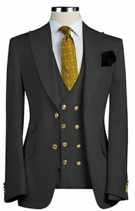 Traje de cena de novios de boda con botones dorados de diseñador negro para hombre (abrigo + chaleco + pantalones) - Imagen 1 de 3