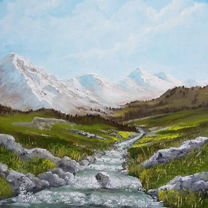 Frühling Berge Alpen Bayern Romantik Ölbild 20x20cm Unikat handgemalt + Rahmen  - Bild 1 von 1