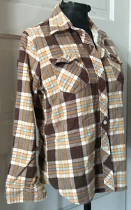 Vtg. Orange Plaid LS Button Up Flannel Top Shirt Blouse Jr's 32 S M - Picture 1 of 5