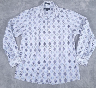 Camisa Jhane Barnes Para Hombre Grande Blanca Azul Geométrica Manga Larga Con Botones Foto 1 de 4