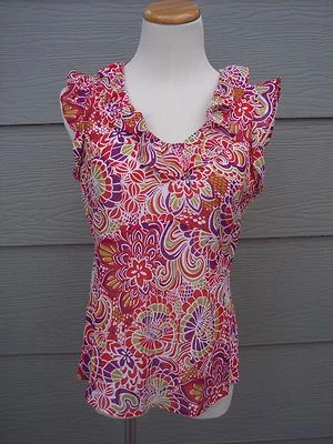 Camisa Banana Republic Mujer Talla S 34B Sin Mangas Volantes Top Floral Rojo Púrpura  Foto 1 de 4