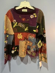 Large Sweater, Pullover Color Block, Knit, Floral Embellished, Curio NWT Ramie - Picture 1 of 9