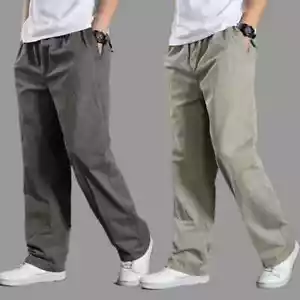 Mens Pockets Cargo Pants Stretch Waist Casual Loose Straight Work Trousers - Picture 1 of 31