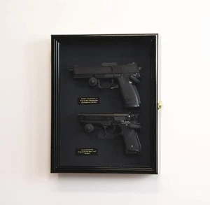 Gun Display Case Double Black Wood Handgun Pistol Revolver Lock Wall Shadow Box - Picture 1 of 16