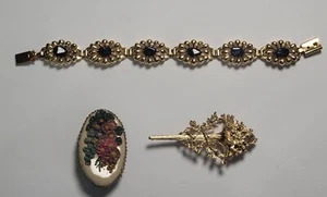 Vintage Broschen und Armband goldfarben mit blauen Steinen - Bild 1 von 8