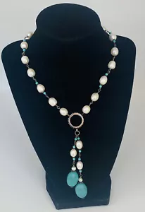 Designer Sterling Silber Türkis Süßwasser Perlen Glieder Lariat Halskette - Bild 1 von 12