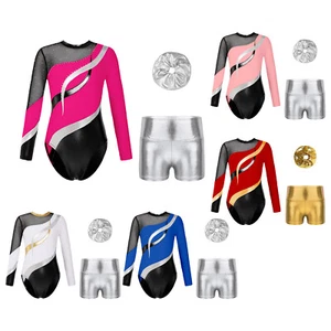 Kids Girls Dancewear Gymnastics Outfits Skating Set Leotard Round Neck Suit - Picture 1 of 48