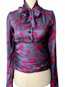 Vintage Emanuel Ungaro Ter Seide Jacquard Bluse Größe 6 lila Blumen gerafft Tie Top - Bild 1 von 24