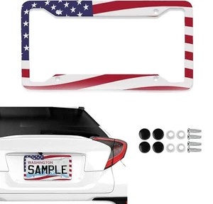 12" x 6" USA Flag Style Stainless Steel License Number Plate Frame w/ Screw Cap - Foto 1 di 15