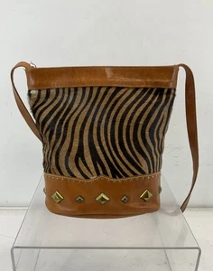 Saddle Brown Leather Animal Dyed Calf Hair Embellished Crossbody Bag - Picture 1 of 10