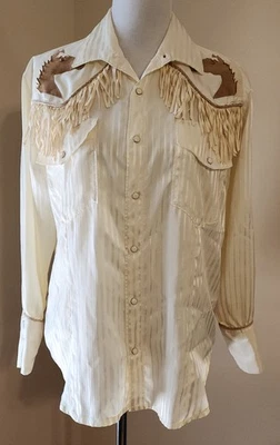 Vintage Handmade Silk? Ivory/Cream Western-Style Fringe Shirt, Horses Size S/M - Image 1 of 4