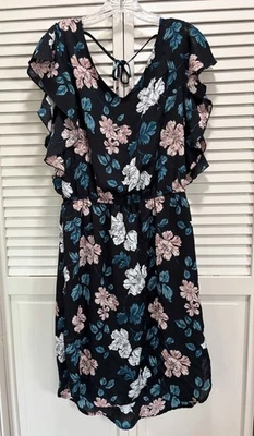 Vestido midi Merona floral negro/rosa cintura elástica lazo trasero forrado de gasa talla M Foto 1 de 4