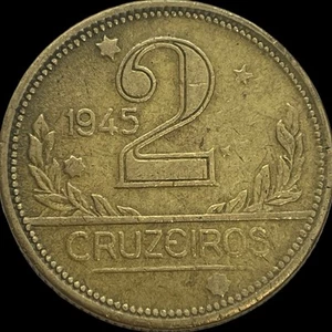 1945 Brazil 2 Cruzeiro Coin KM 559 Lot C5-37 Brasil Map - Picture 1 of 4