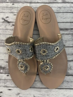 JACK ROGERS Gold Black Whipstitched Leather Wedge Thong Heels Sandals 9 - Image 1 of 4