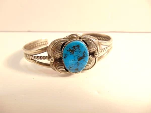 pre-owned sterling silver cuff bracelet with large turquoise colored jewel - Picture 1 of 9