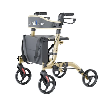 Ходунки на роликах для пожилых людей с сиденьем и 8-дюймовыми колесами алюминиевые шампанское - Изображение 1 из 4