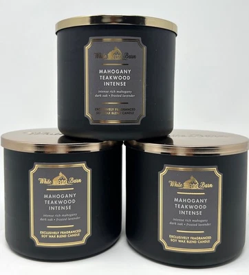 3 velas de baño Body Work MADERA DE TECA CAOBA INTENSA 3 mechas 14,5 oz granero blanco NUEVO Foto 1 de 3