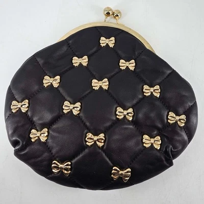 Betsey Johnson Black Gold Bow Quilted KissLock Clutch purse bag - Image 1 of 4