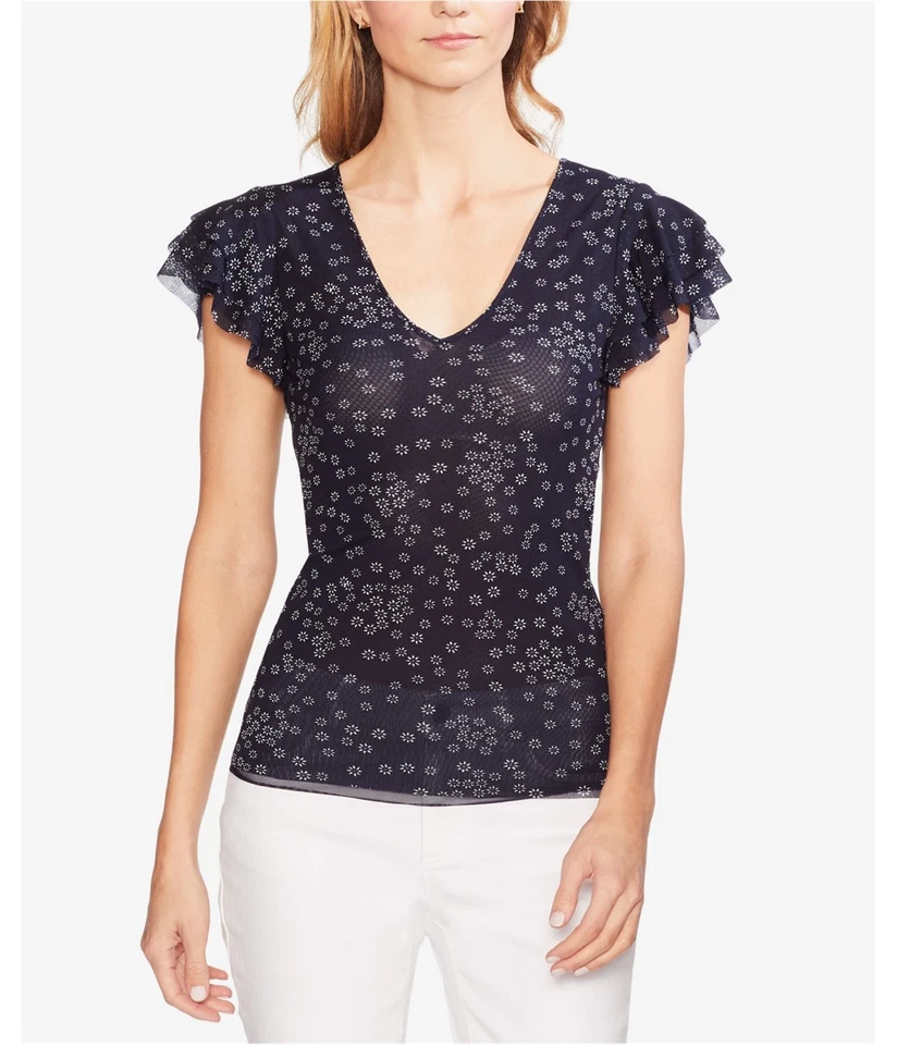 Vince Camuto Womens Tier Ruffle Sleeve Pullover Blouse, darkblue, XXS - Image 1 of 1