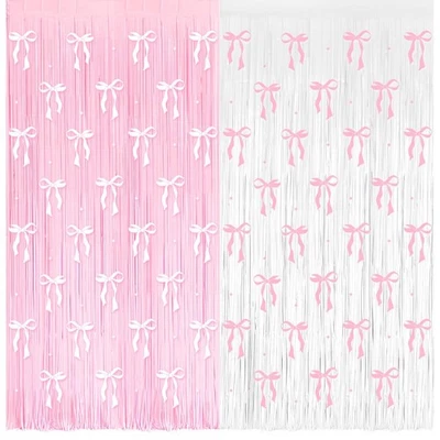 Paquete de 4 cortinas con flecos de papel de aluminio con lazo rosa decoración telón de fondo de fiesta con arco rosa para G... Foto 1 de 4